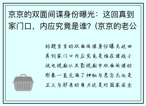 京京的双面间谍身份曝光：这回真到家门口，内应究竟是谁？(京京的老公是谁)