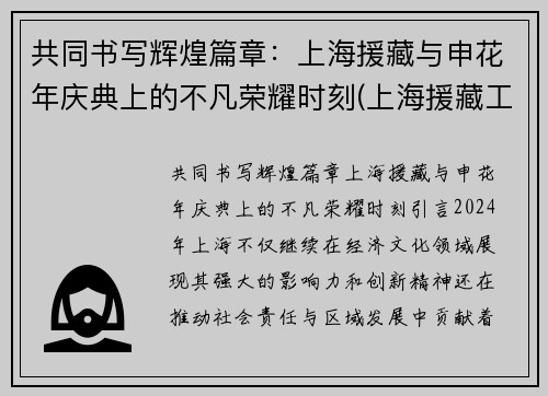 共同书写辉煌篇章：上海援藏与申花年庆典上的不凡荣耀时刻(上海援藏工作队)