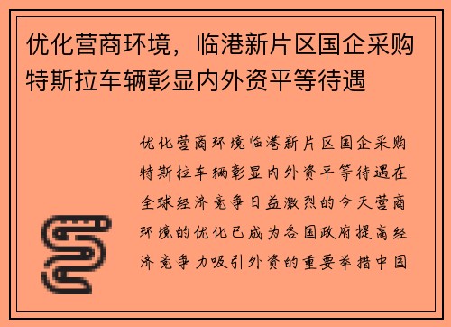 优化营商环境，临港新片区国企采购特斯拉车辆彰显内外资平等待遇